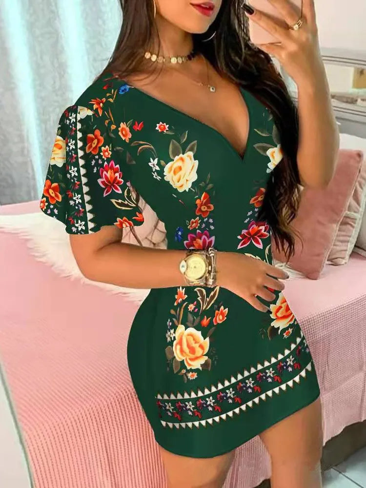 Summer Floral Print Bodycon Mini Dress Women