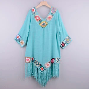 Women’s Crochet Beach Cover-Up – Sexy Hollow Tunic with Fringe Detail