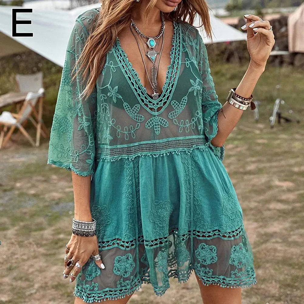 Sexy Mesh Bikini Cover-Up – Women’s Deep V-Neck Lace Hollow Beach Dress