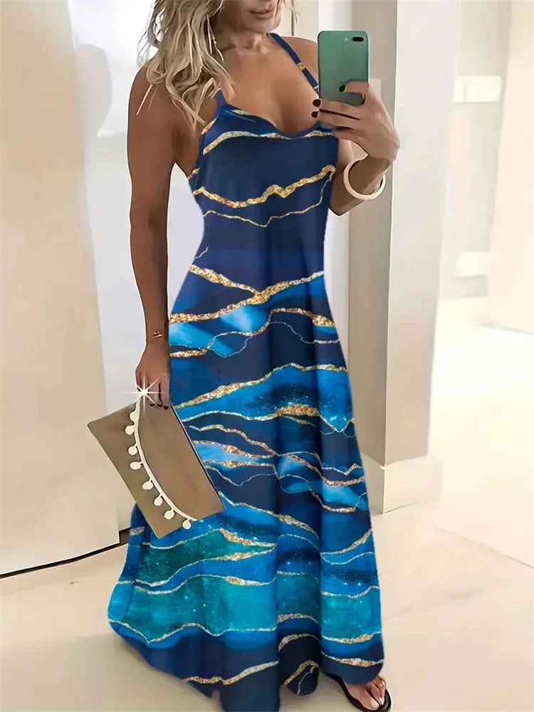Women’s Summer Sleeveless Retro Strap Dress – Casual 3D Texture Print