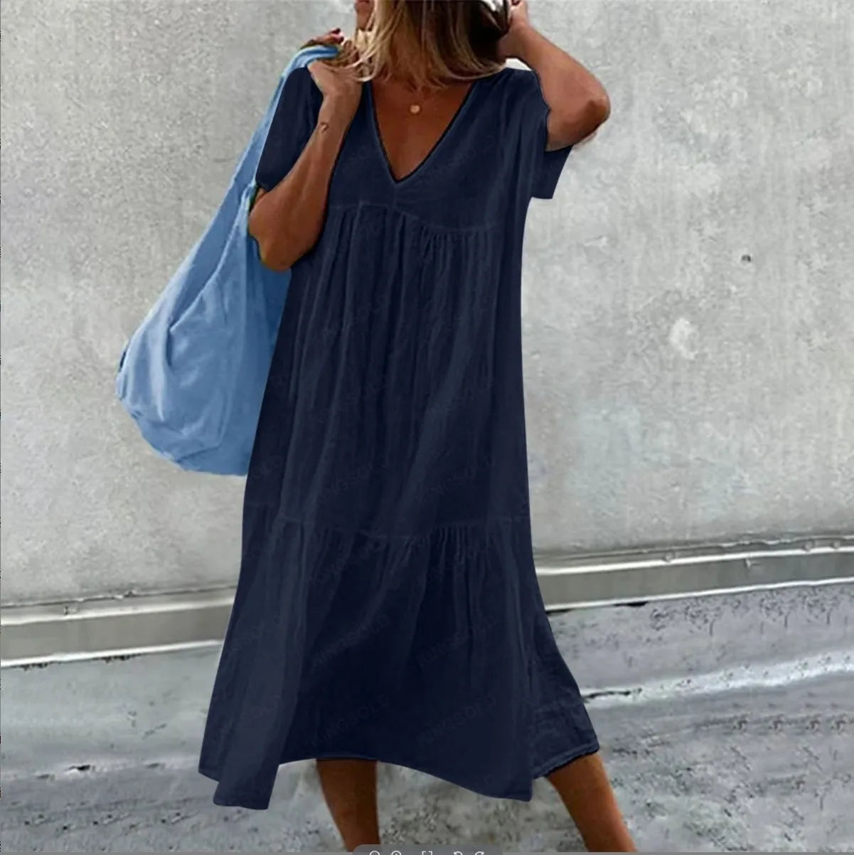 Solid Color Cotton Linen Midi Dress for Women – Casual V-Neck Short Sleeve Loose Fit