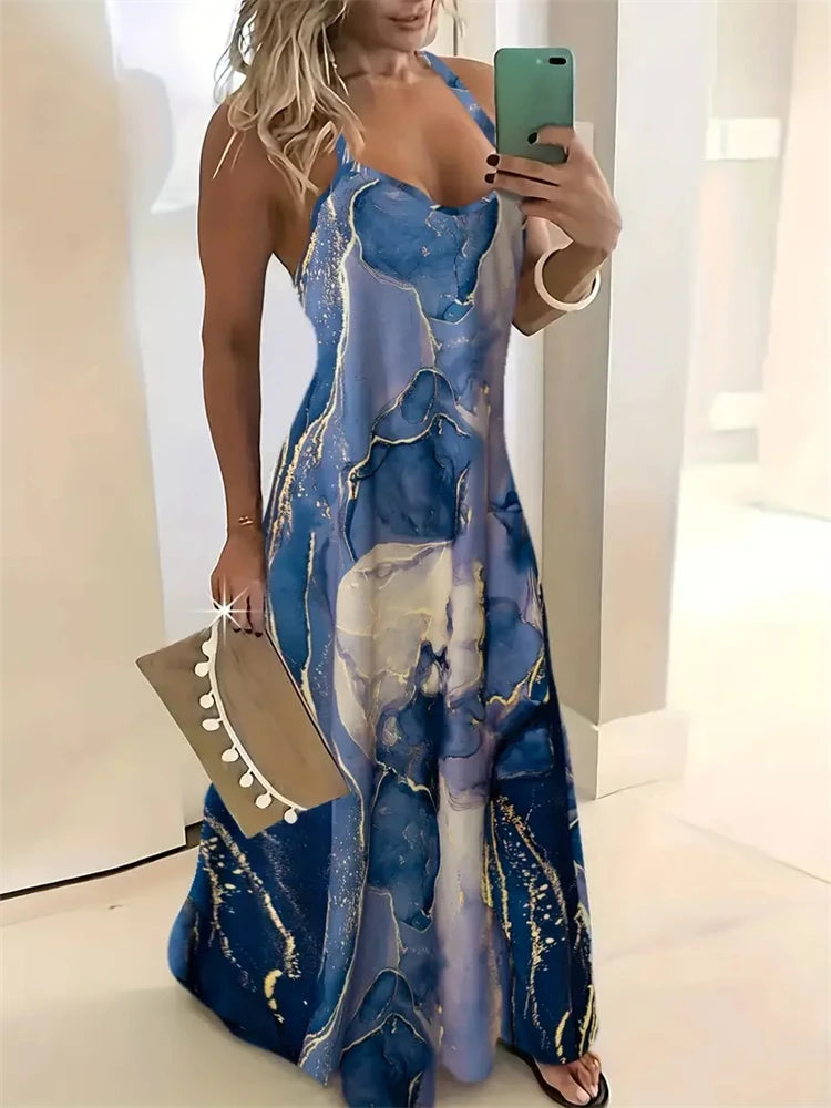 Women’s Summer Sleeveless Retro Strap Dress – Casual 3D Texture Print
