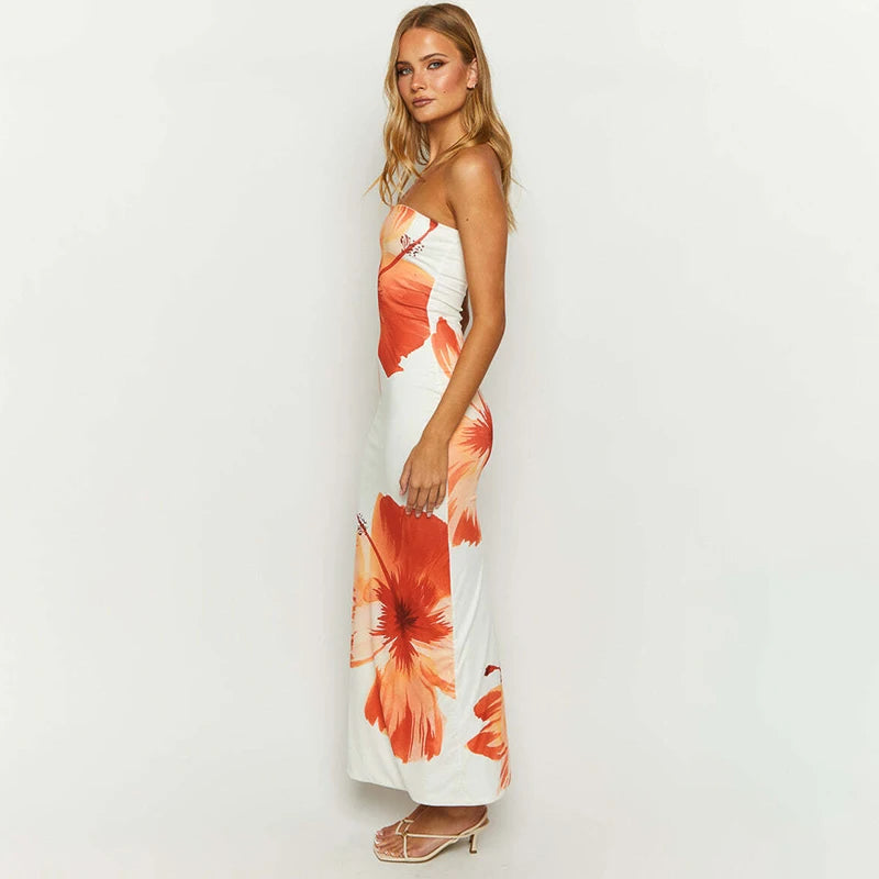 Robe tube longue à épaules dénudées et imprimé floral pour femme CUTENOVA