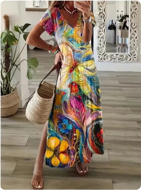 Geometric Print T-Shirt Maxi Dress – Casual Summer A-Line Dress with Short Sleeves