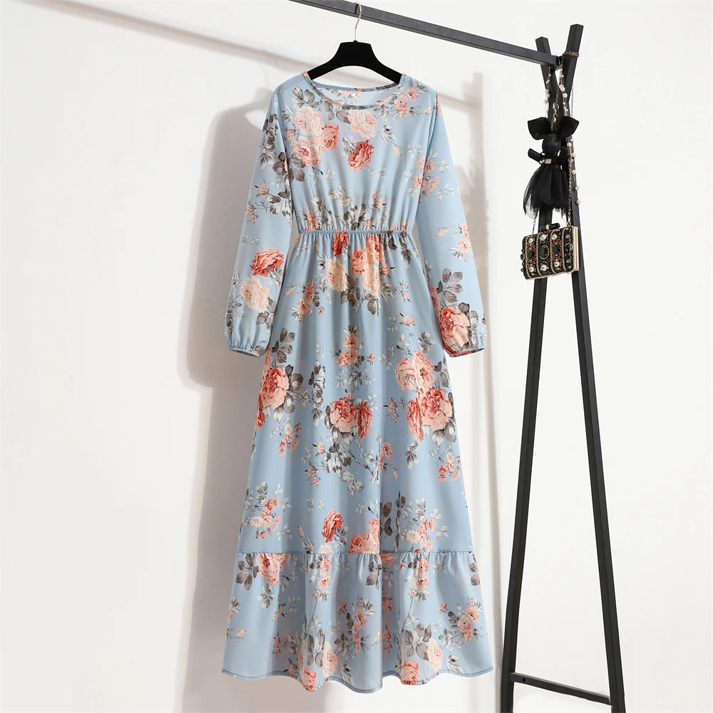Spring Summer Women’s Floral Maxi Dress – Casual Full Sleeve Boho Beach Party Dress