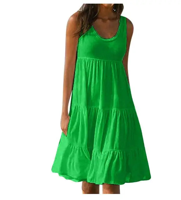 Women’s Casual O-Neck Sleeveless Ruffle Mini Dress – Boho Solid Beach Sundress