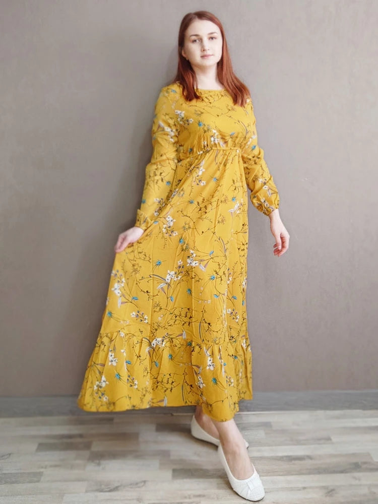 Spring Summer Women’s Floral Maxi Dress – Casual Full Sleeve Boho Beach Party Dress