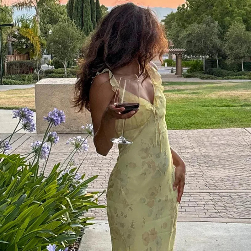 Women’s Floral Cami Bodycon Dress – Deep V Neck Tie Bow Backless Spaghetti Strap Dress