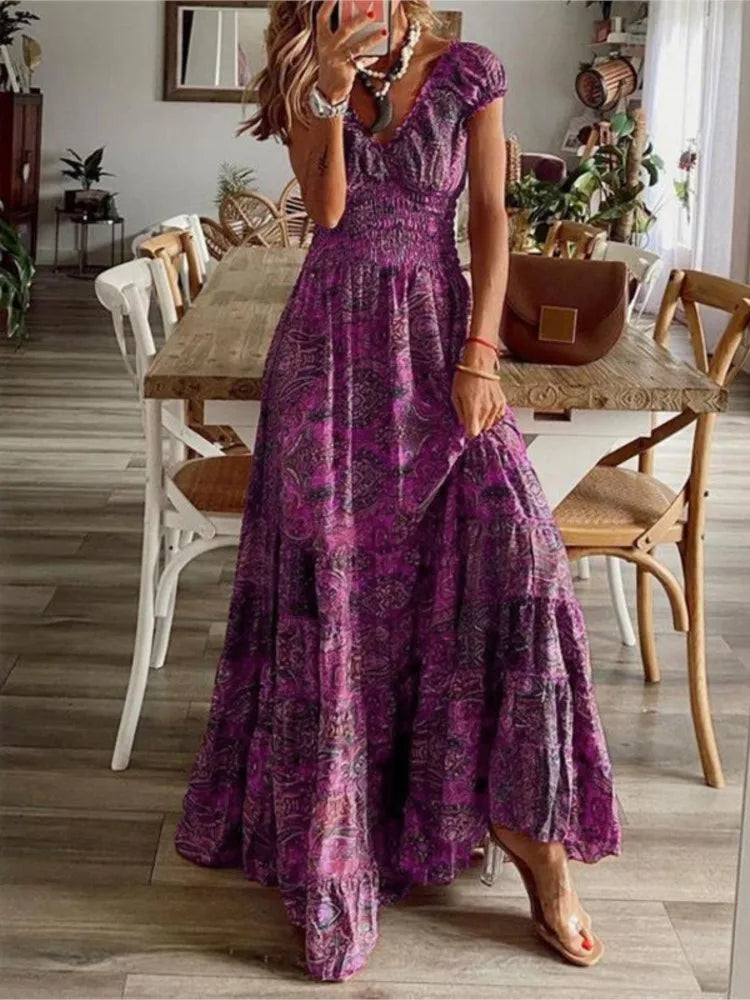 Summer Ethnic Printed A-Line Dress – Floral Petal Sleeves & Waist Detail