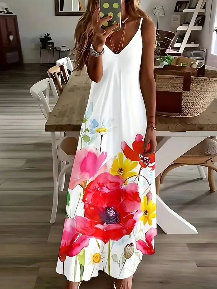 Hawaiian Floral Suspender Dress – Sexy V-Neck Party & Evening Dress