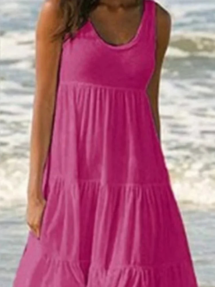Oversized O-Neck Sleeveless Ruffle Loose Beach Dress – Boho Plus Size Sundress