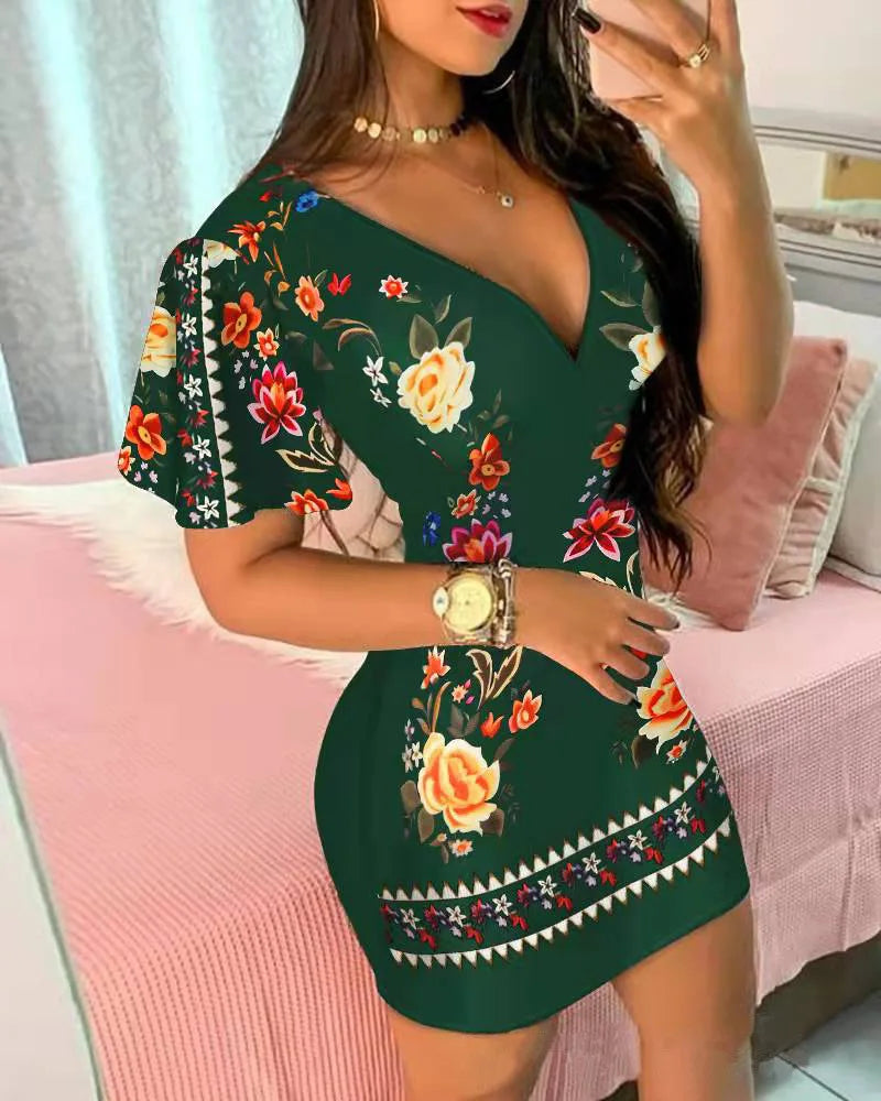 Summer Floral Print Bodycon Mini Dress Women