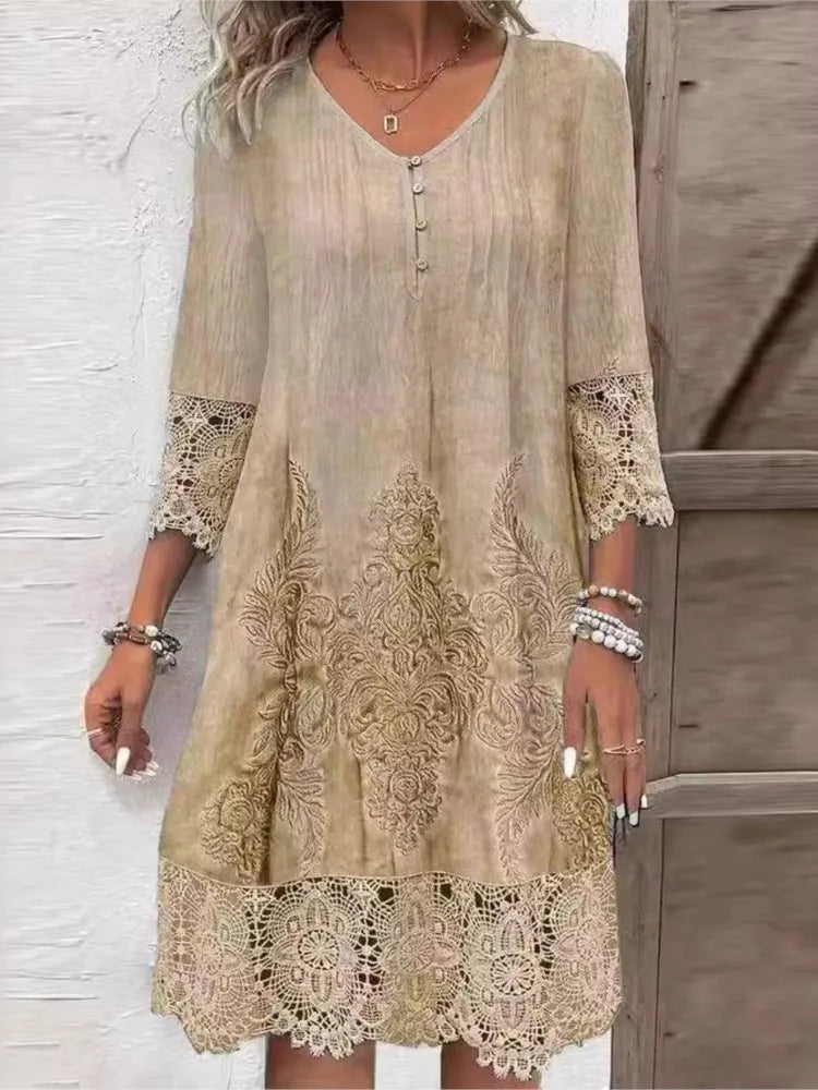 Vestido de encaje liso con cuello en V y botones: vestido informal holgado para oficina y vacaciones.