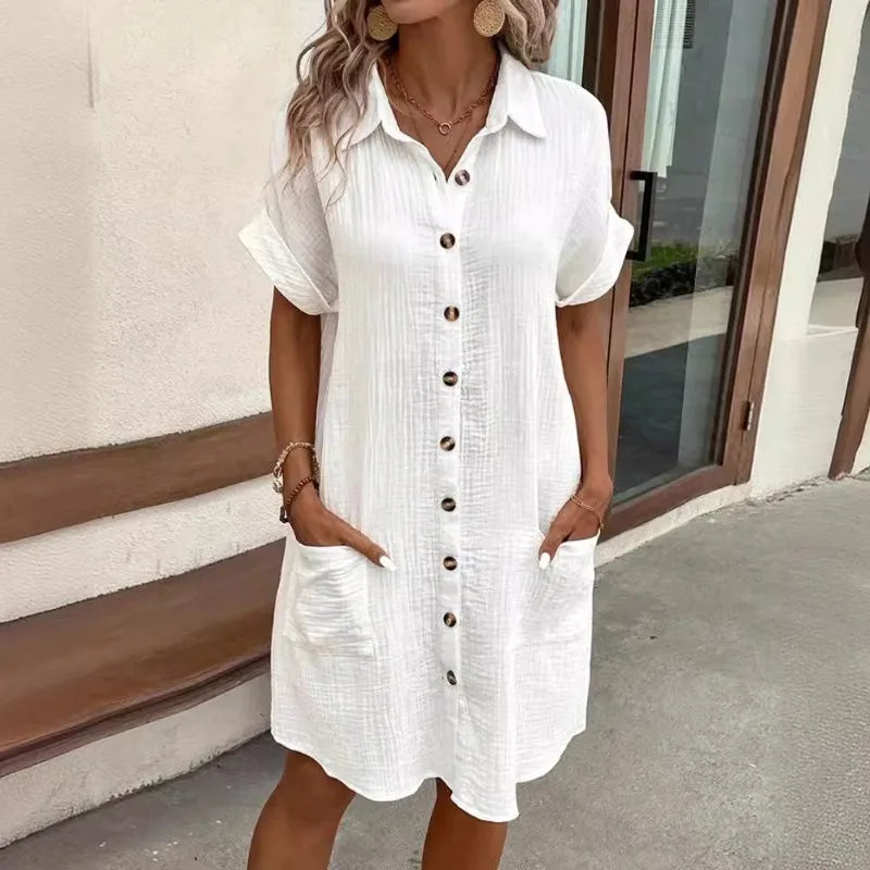 Robe chemise boutonnée d'été en coton et lin pour femme, col en V, avec poches