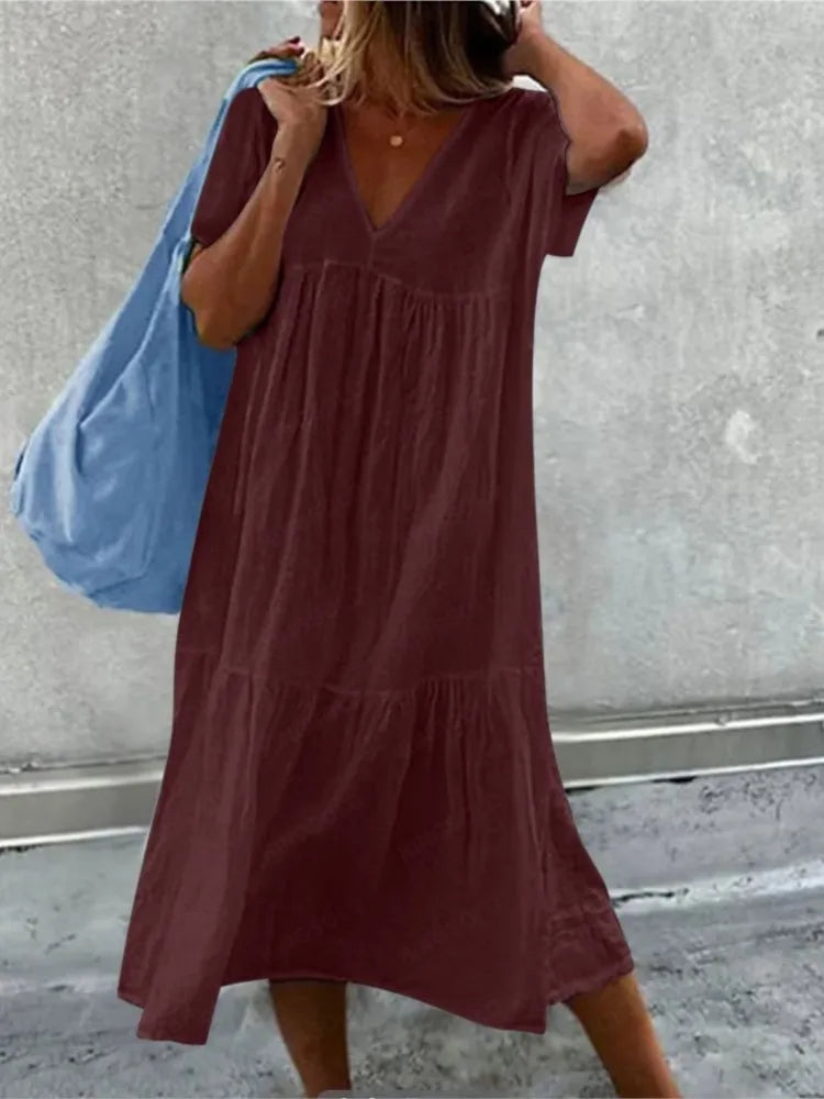 Solid Color Cotton Linen Midi Dress for Women - Chic summer dress for women