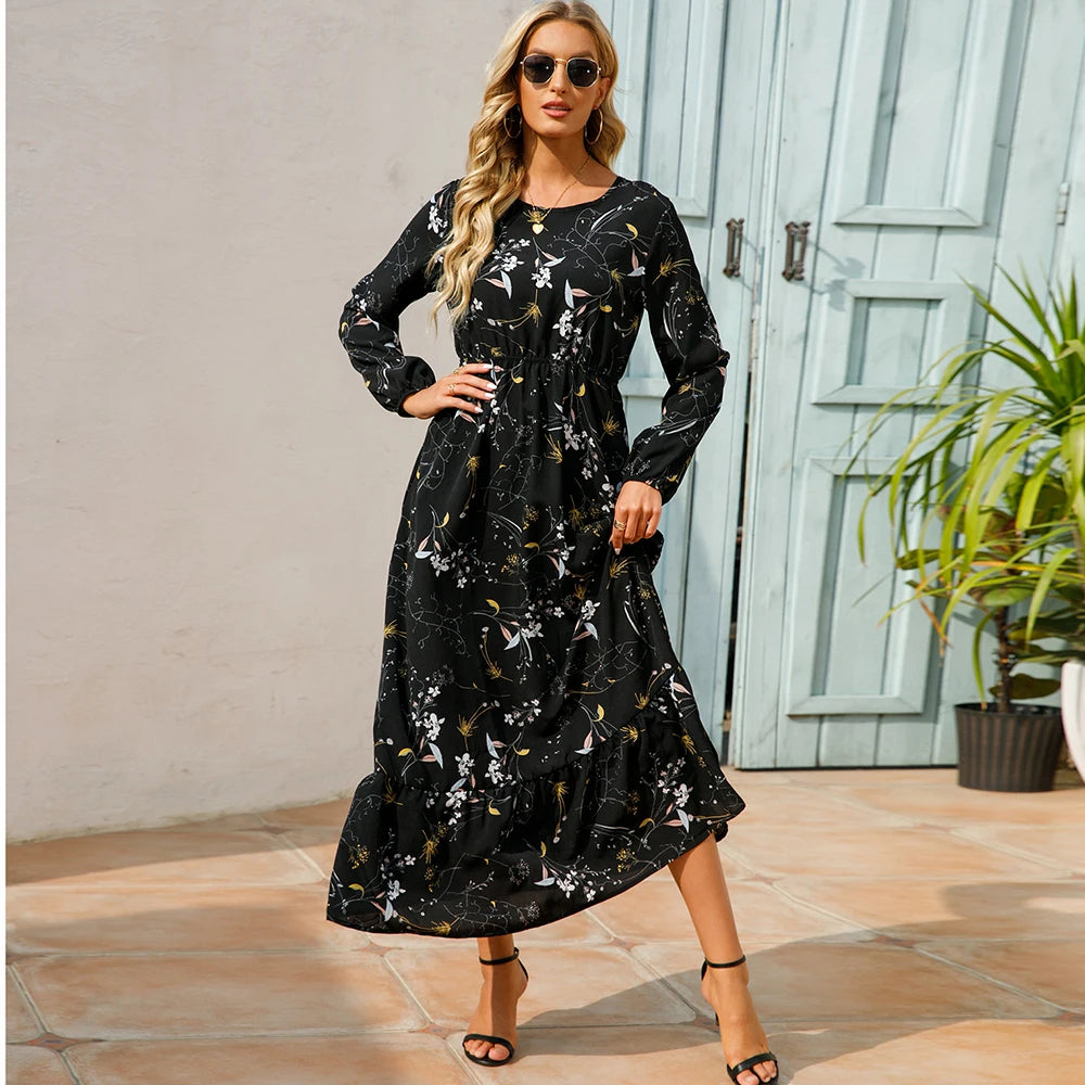 Bohemian Floral Maxi Dress for Women – Spring Summer Casual Long Sleeve Beach Dress