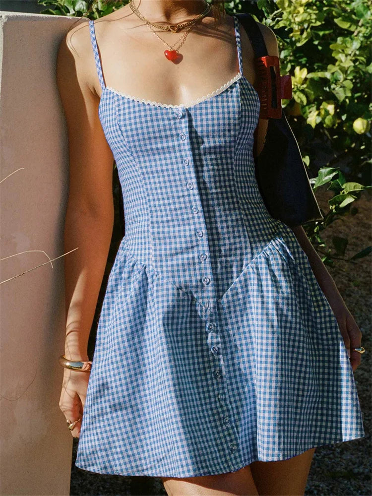 Plaid Print Spaghetti Strap Camis Dress for Women – Sleeveless V-Neck Button-Down Mini Dress