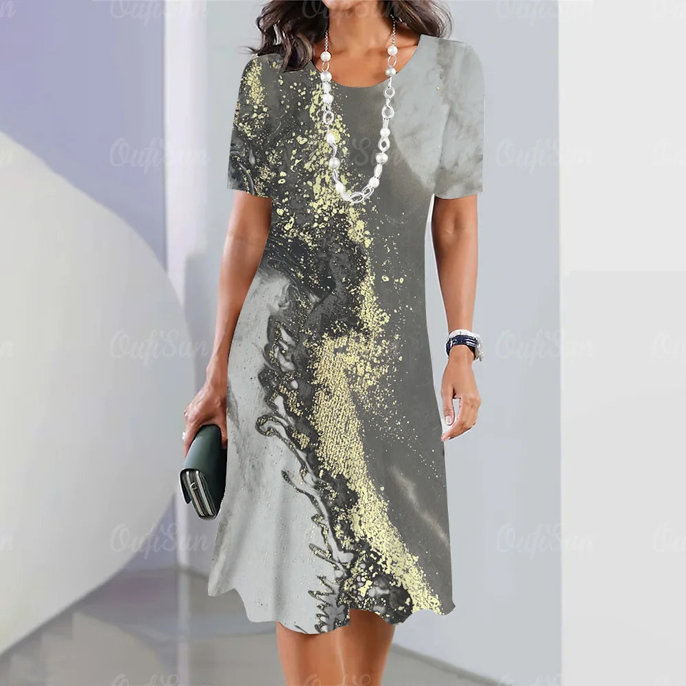 New Women’s Plus Size Midi Dress – Elegant Graphic Print Summer One-Piece