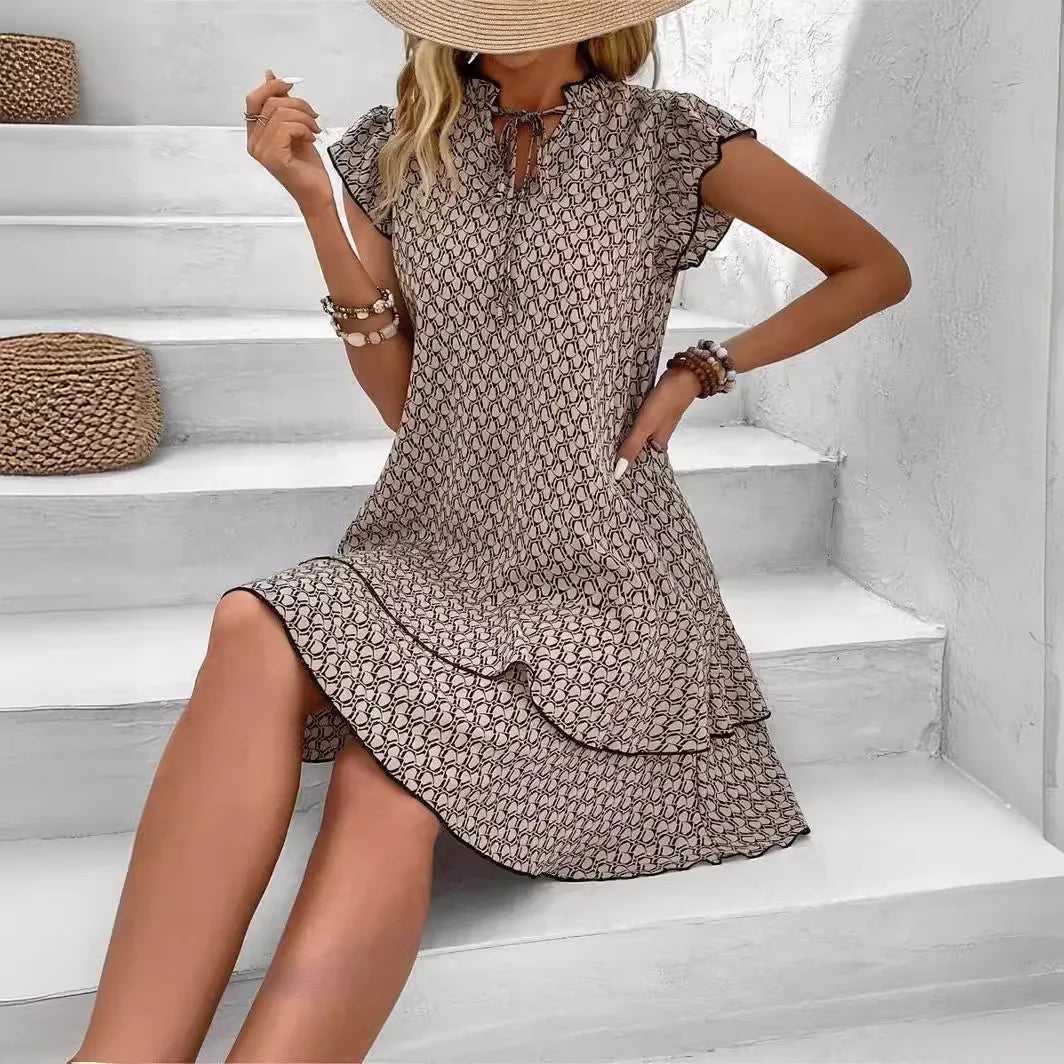 Bohemian V-Neck Mini Dress – Lace-Up Ruffle Casual Dress with Flying Sleeves