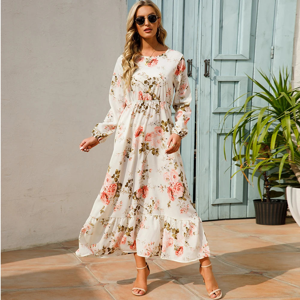 Bohemian Floral Maxi Dress for Women – Spring Summer Casual Long Sleeve Beach Dress