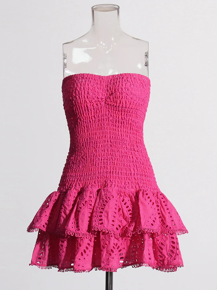 Designer Women’s Strapless Mini Dress – High Waist A-Line Dress with Ruffle Hem