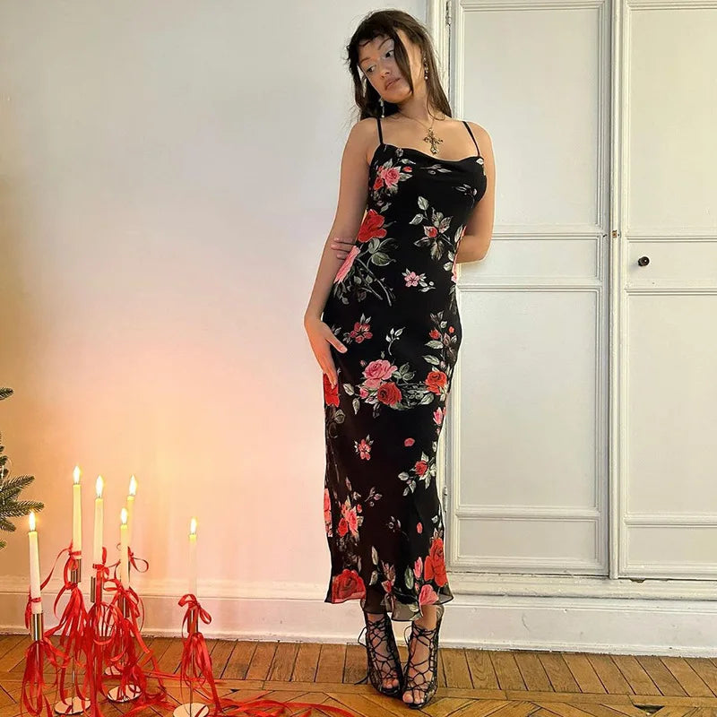Floral Print Spaghetti Strap Bodycon Dress – Sexy Backless Long Dress for Women