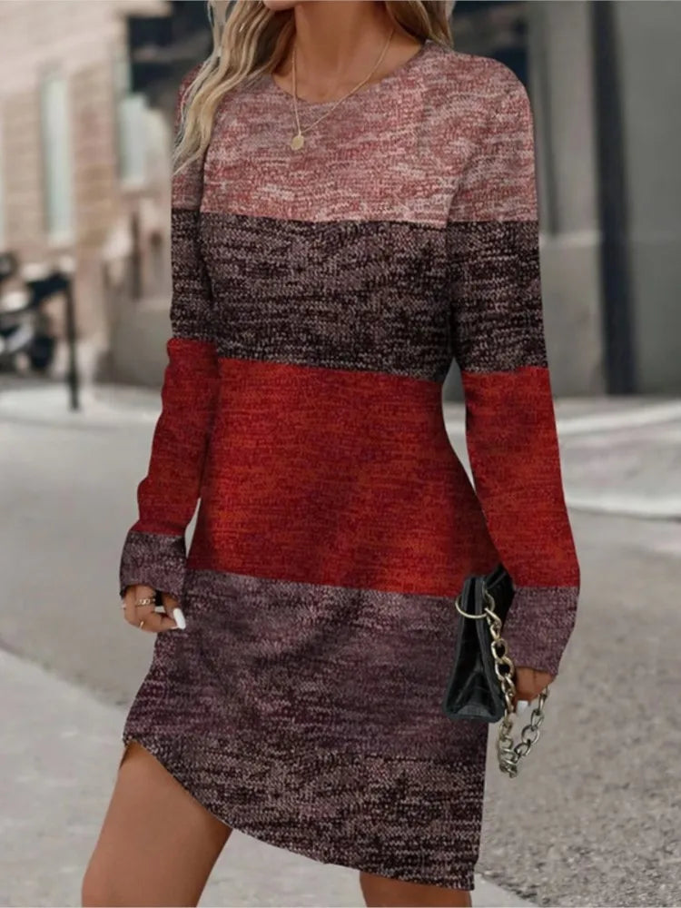 Robe décontractée à manches longues et col rond pour femme, longueur genou, idéale pour le bureau, collection printemps-automne