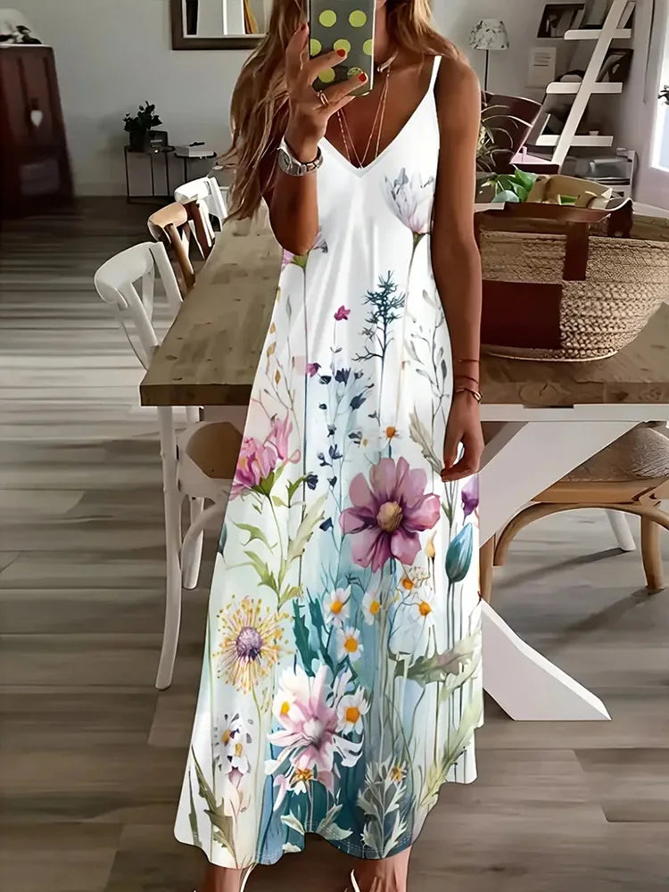 Hawaiian Floral Suspender Dress – Sexy V-Neck Party & Evening Dress