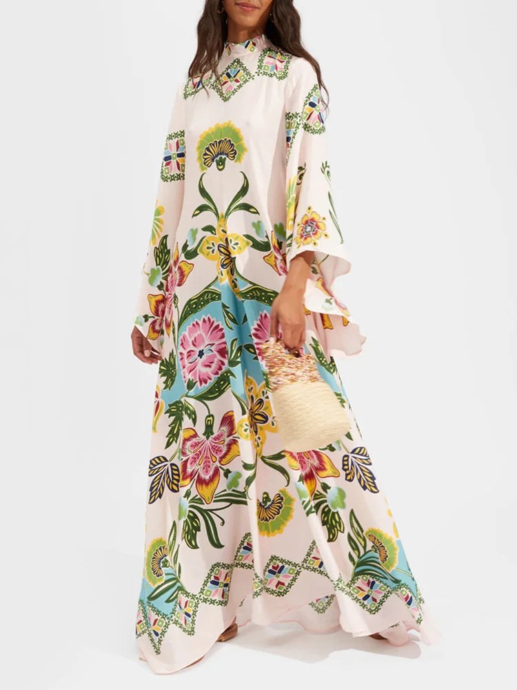 Robe imprimée élégante à col montant – Robe décontractée taille haute à manches longues et ample