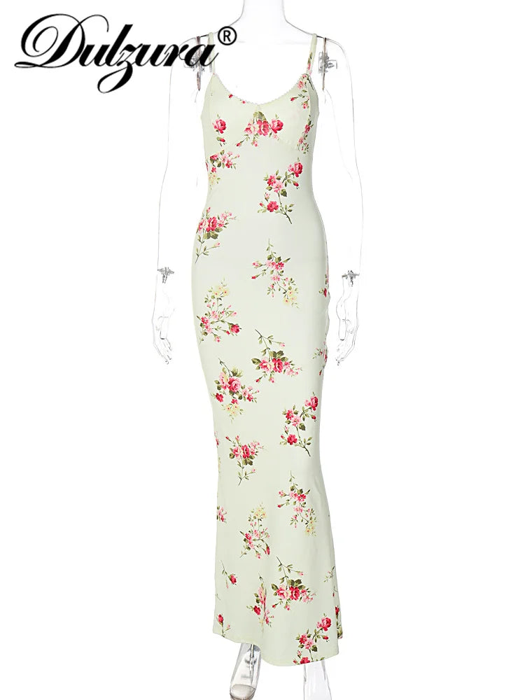 Women’s Floral Bodycon Maxi Dress – Dulzura Sleeveless Backless Club Party Dress