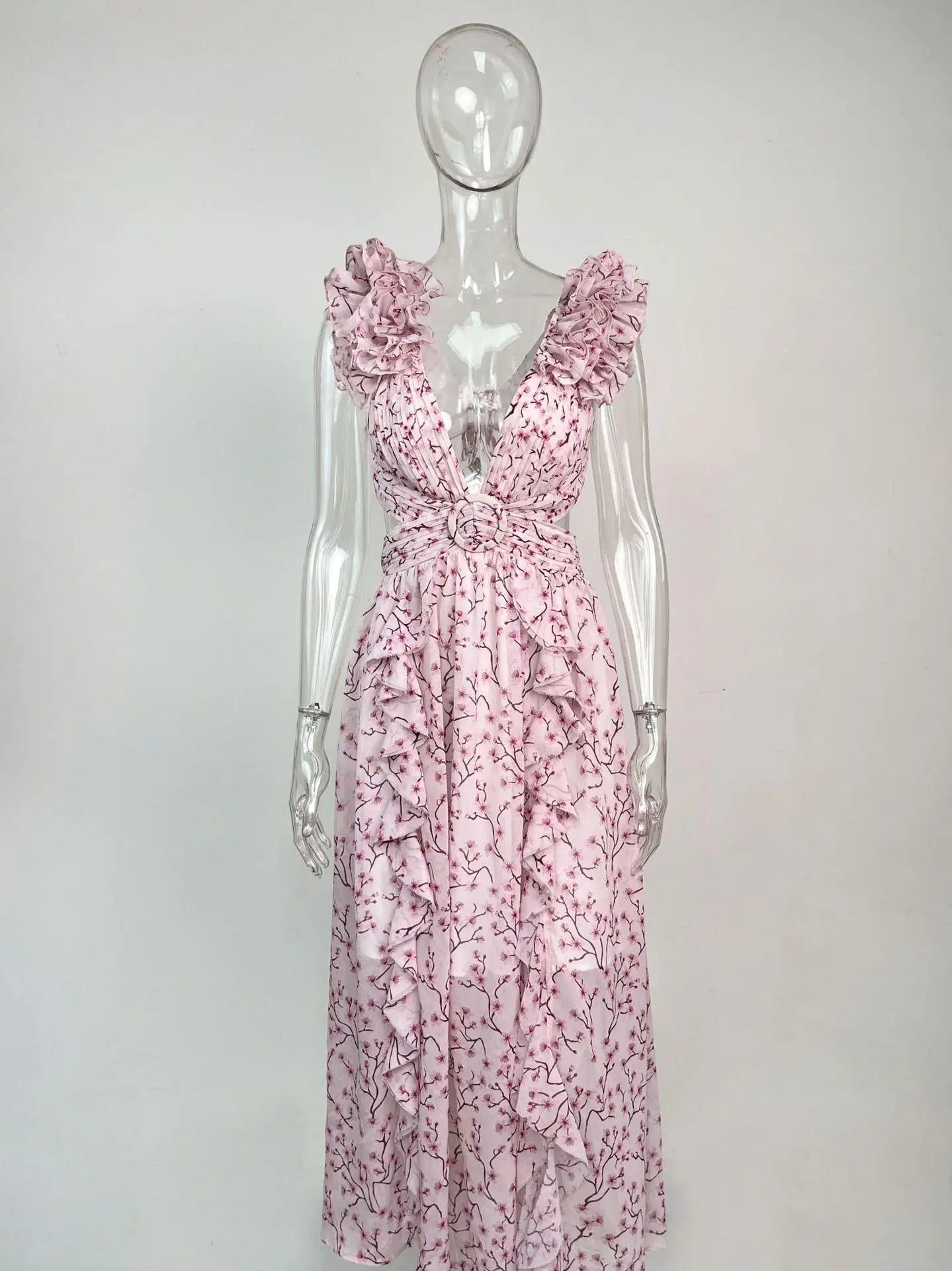 Women’s Sleeveless Hollow-Out Slim Fit V-Neck Floral Backless Dress