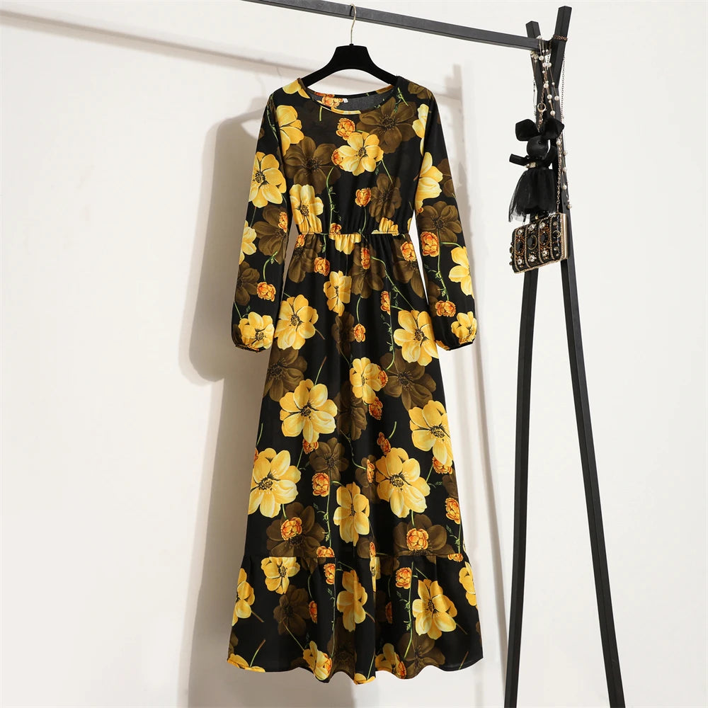 Spring Summer Women’s Floral Maxi Dress – Casual Full Sleeve Boho Beach Party Dress