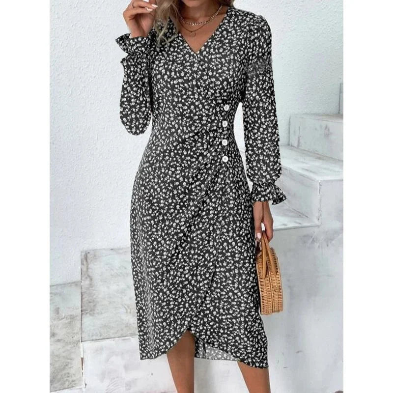 Robe midi plissée à fleurs élégante avec manches bouffantes et taille froncée