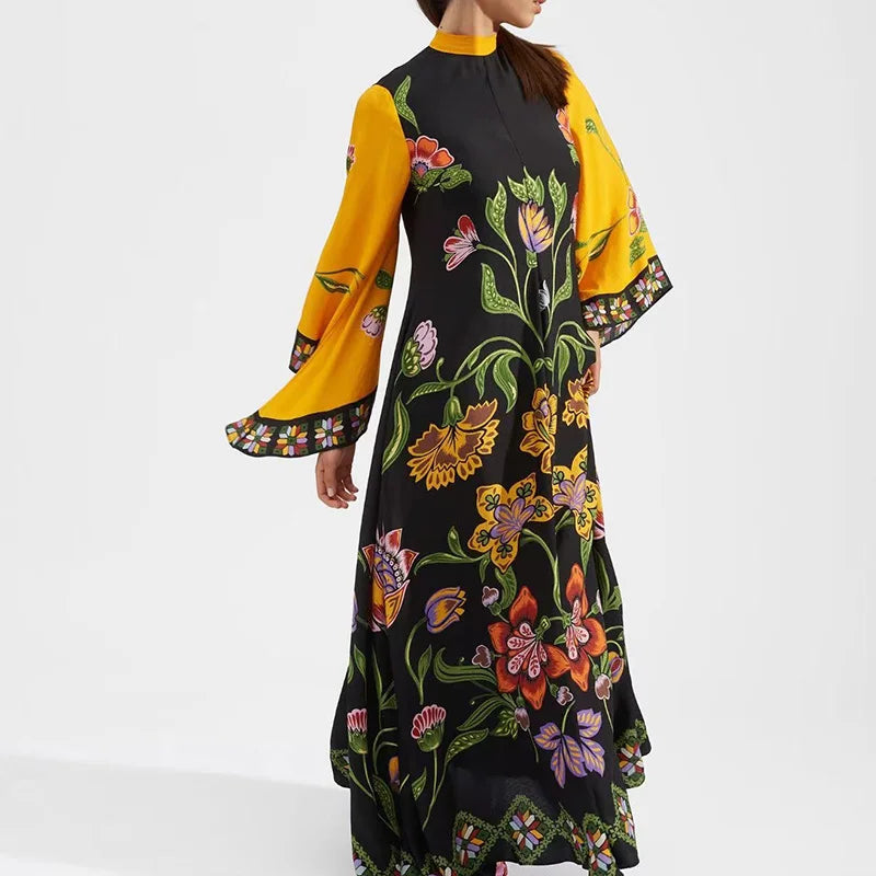 Robe imprimée élégante à col montant – Robe décontractée taille haute à manches longues et ample