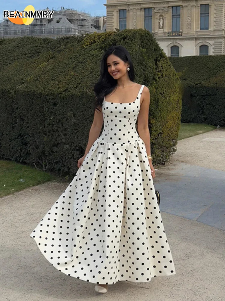 Polka Dot Maxi Dress – Elegant Square Neck Sleeveless High Waist Gown