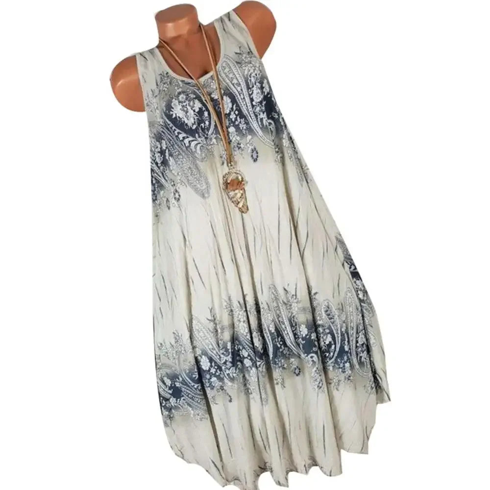 Women’s Summer Floral Pleated Dress – Round Neck Sleeveless Loose Plus Size Tank Dress