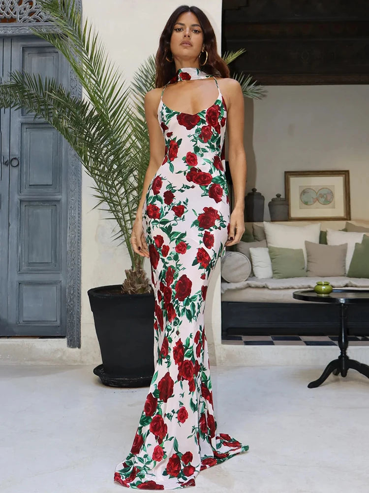 Mozision Halter Backless Maxi Dress – Elegant Printed Sleeveless Party Gown