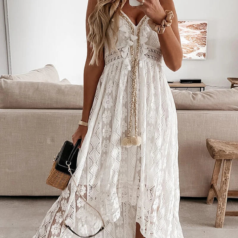 Robe longue en dentelle à col en V – Robe de plage trapèze sans manches avec bretelles en chaîne