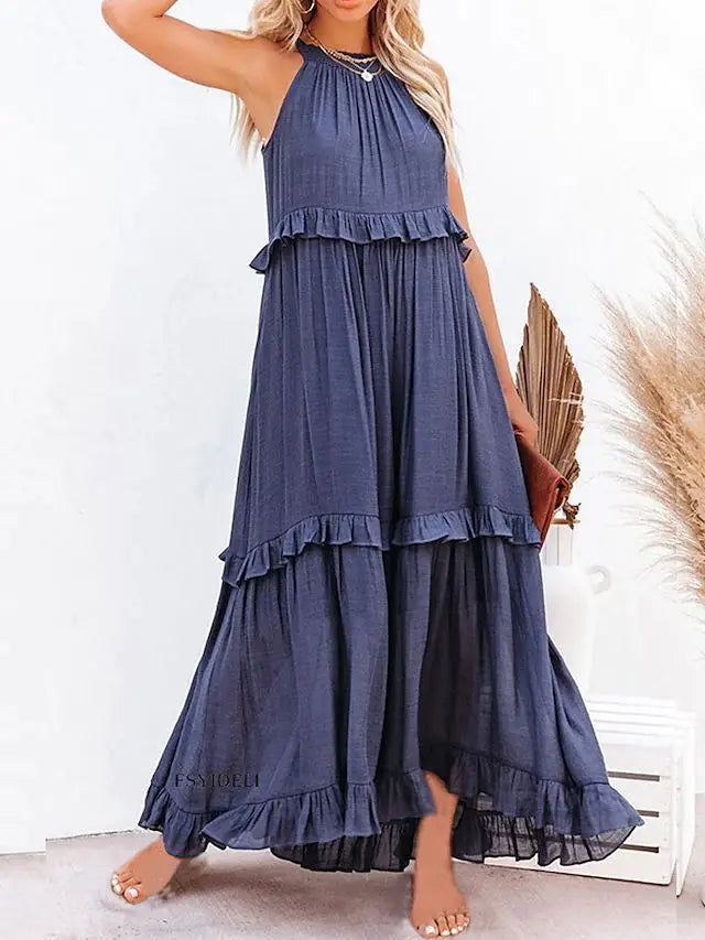 Robe longue dos nu à col licou – Robe de plage à volants et lacets pour femme