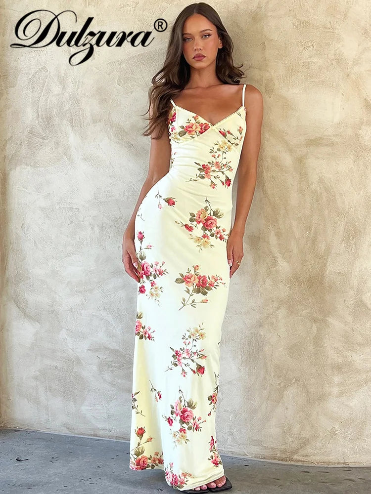 Women’s Floral Bodycon Maxi Dress – Dulzura Sleeveless Backless Club Party Dress