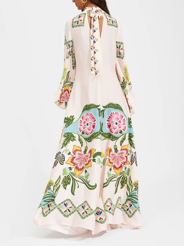 Robe imprimée élégante à col montant – Robe décontractée taille haute à manches longues et ample