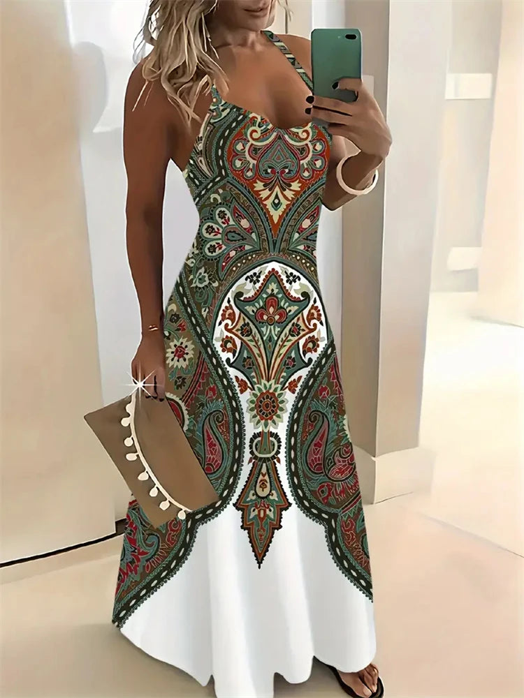 Women’s Summer Sleeveless Retro Strap Dress – Casual 3D Texture Print