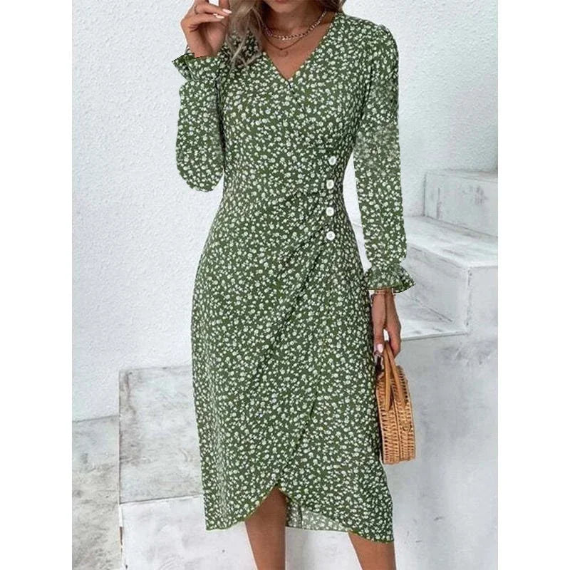 Robe midi plissée à fleurs élégante avec manches bouffantes et taille froncée