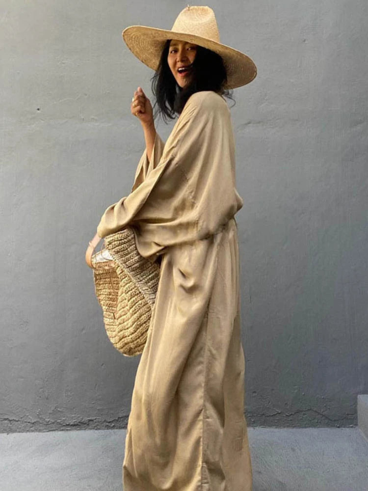 Solid Color Kimono Beach Cover-Up – Women’s Self-Belted Swimsuit Wrap Dress