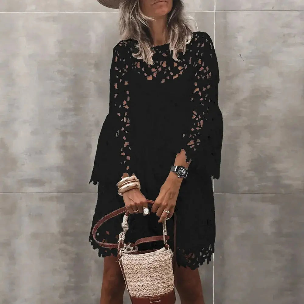 Lace Hollow Floral Dress – Elegant Long Sleeve Knee-Length Autumn Dress