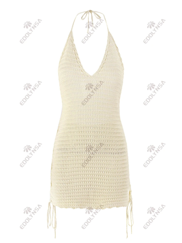 Knit Halter Mini Beach Dress – Women’s Slim Fit Swimsuit Cover-Up with Side Straps