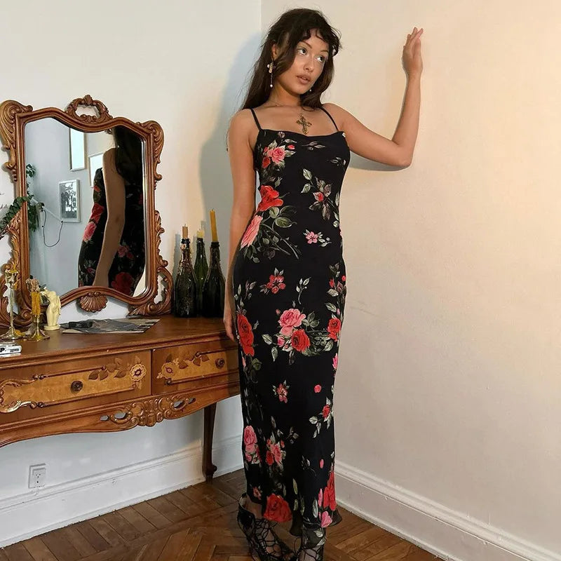Floral Print Spaghetti Strap Bodycon Dress – Sexy Backless Long Dress for Women