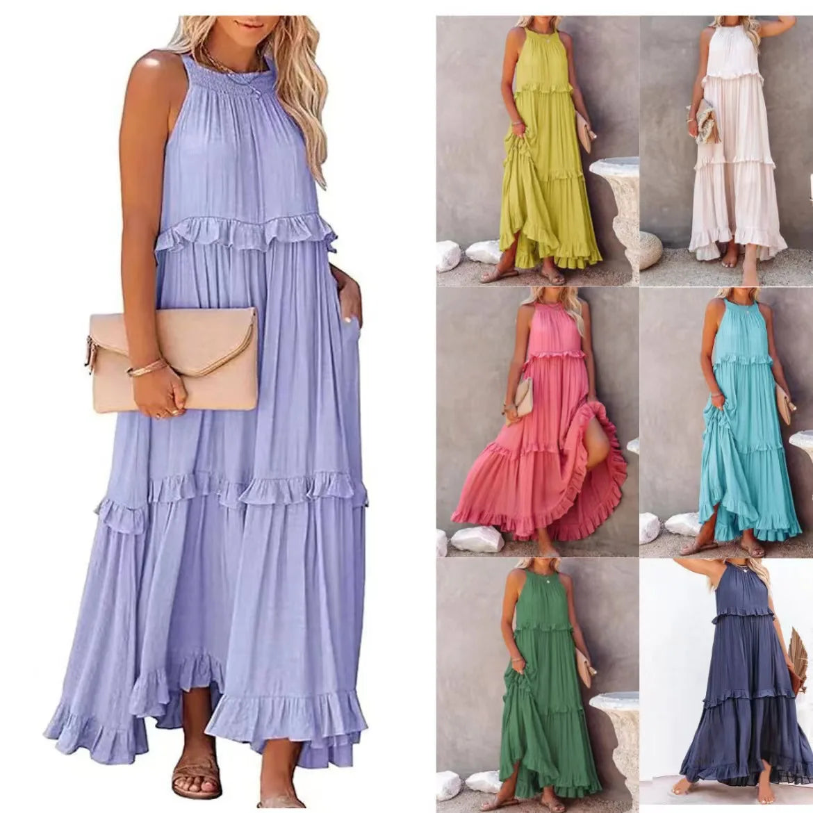 Robe longue dos nu à col licou – Robe de plage à volants et lacets pour femme