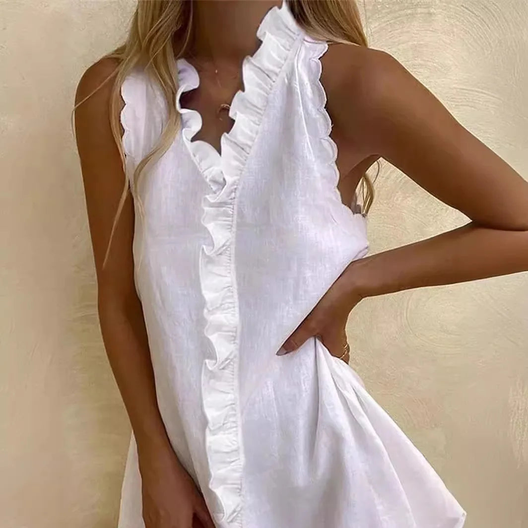 Robe blanche décontractée en coton et lin – Mini-robe d'été à col en V pour femme