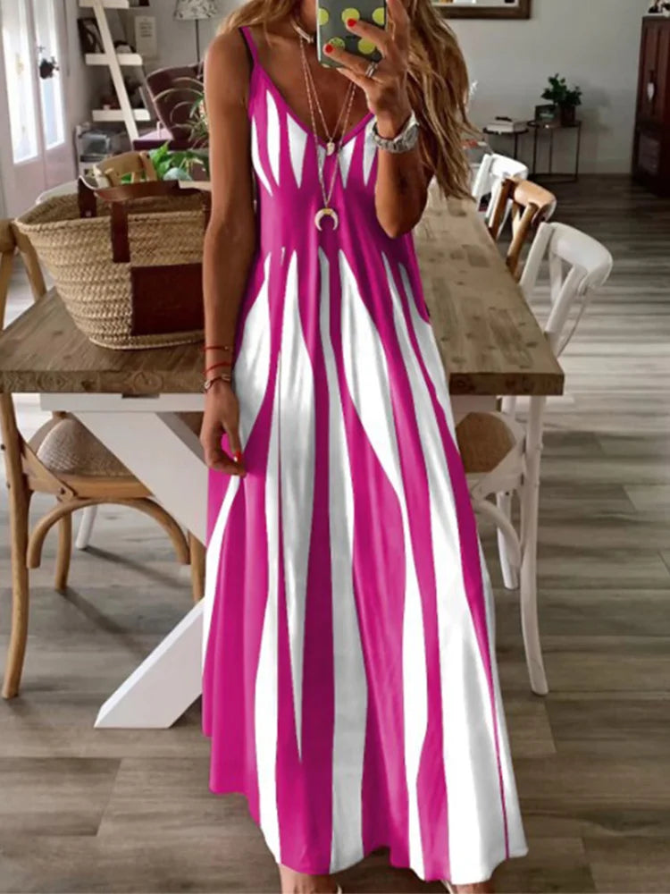 Sexy Sleeveless Black & White Stripe Printed Long Dress – Summer Casual Party